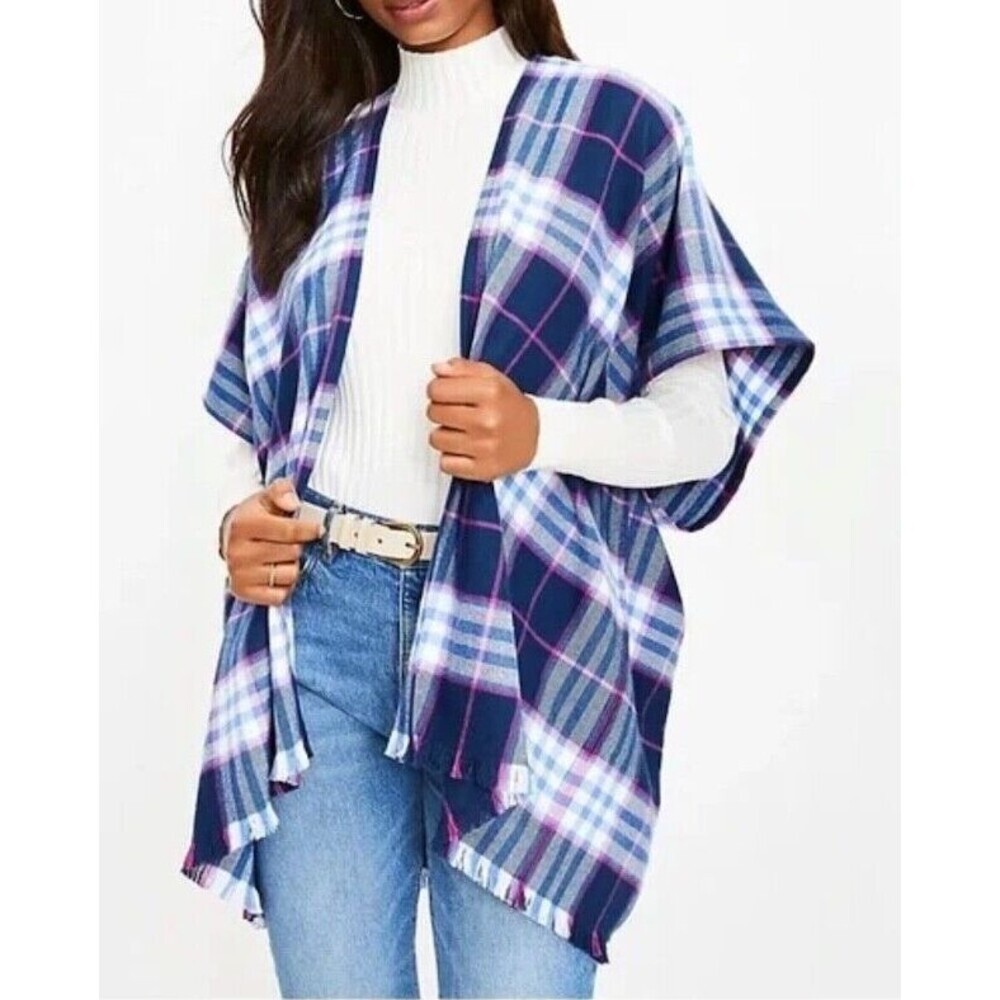 Ann Taylor Loft Women's Shawl Wrap Blue Pink Plaid Flannel